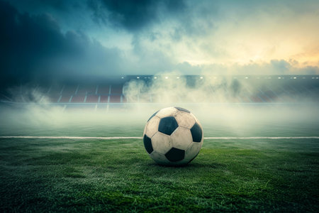 Close-up of old soccer ball in the stadium in the evening light, Generative AIの素材