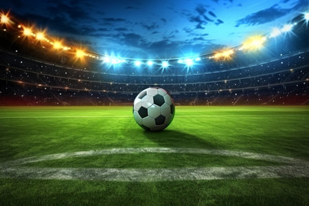 Close-up of soccer ball in the stadium in the evening light, Generative AIの素材