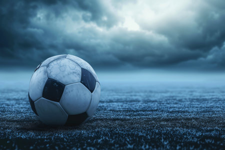 Close-up of old soccer ball in the stadium in the evening light, Generative AIの素材