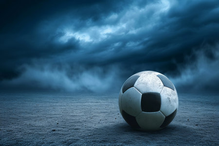 Close-up of old soccer ball in the stadium in the evening light, Generative AIの素材