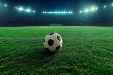 Close-up of soccer ball in the stadium in the evening light, Generative AIの素材