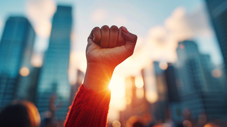 Close-up, Human raises their right hand displaying the symbol for Women Day awareness, Generative AIの素材