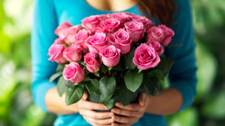 Close-up, woman holding pink bouquet is displaying the symbol for Women Day awareness, Generative AIの素材