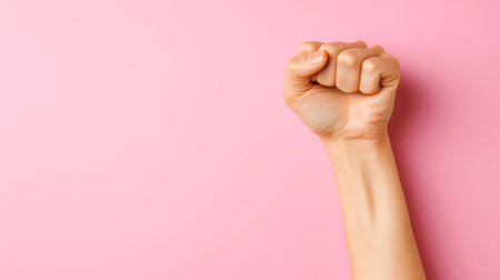 Close-up, Human raises their right hand displaying the symbol for Women Day awareness, Generative AIの素材