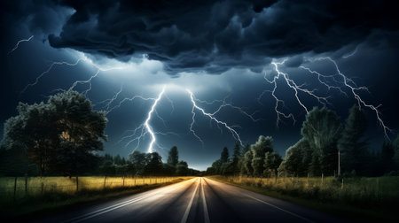 Thunderstorm shown rising over empty roadway, Generative AIの素材