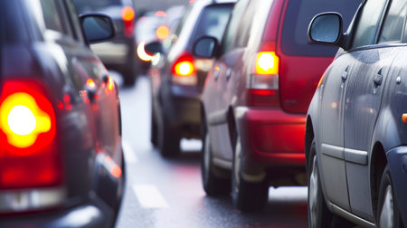 Cars on highway in traffic jam, city street traffic congestion during rush hour, Generative AIの素材