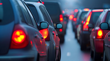 Cars on highway in traffic jam, city street traffic congestion during rush hour, Generative AIの素材