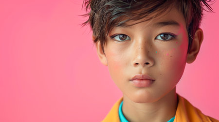 Close-up, Portrait of fashionable child model with fantasy makeup for cosmetics advertising, Generative AIの素材