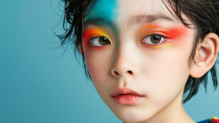 Close-up, Portrait of fashionable child model with fantasy makeup for cosmetics advertising, Generative AIの素材
