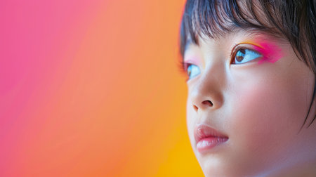 Close-up, Portrait of fashionable child model with fantasy makeup for cosmetics advertising, Generative AIの素材