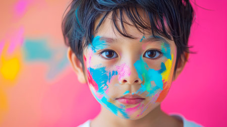 Close-up, Portrait of fashionable child model with fantasy makeup for cosmetics advertising, Generative AIの素材