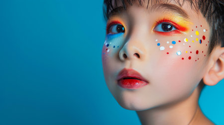 Close-up, Portrait of fashionable child model with fantasy makeup for cosmetics advertising, Generative AIの素材