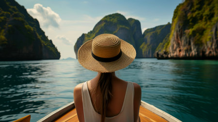 Close-up, Back view of woman tourist in a straw hat relaxing on the boat and looking forward into the sea, Generative AIの素材
