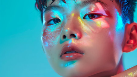 Close-up, Portrait of fashionable child model with fantasy makeup for cosmetics advertising, Generative AIの素材