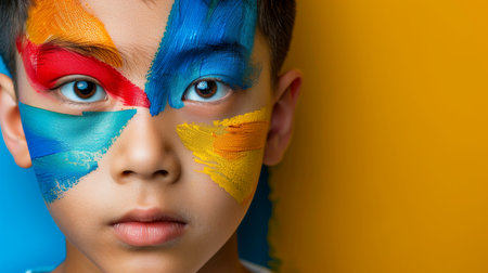 Close-up, Portrait of fashionable child model with fantasy makeup for cosmetics advertising, Generative AIの素材