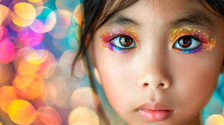 Close-up, Portrait of fashionable child model with fantasy makeup for cosmetics advertising, Generative AIの素材