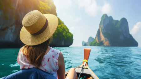 Close-up, Back view of woman tourist in a straw hat relaxing on the boat and looking forward into the sea, Generative AIの素材