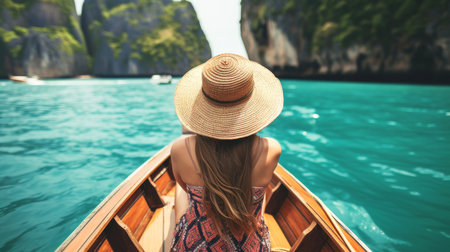 Close-up, Back view of woman tourist in a straw hat relaxing on the boat and looking forward into the sea, Generative AIの素材