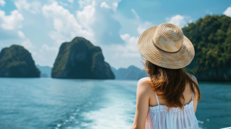 Close-up, Back view of woman tourist in a straw hat relaxing on the boat and looking forward into the sea, Generative AIの素材