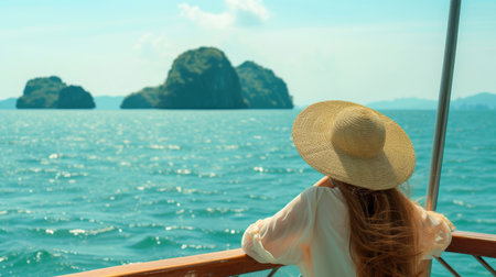 Close-up, Back view of woman tourist in a straw hat relaxing on the boat and looking forward into the sea, Generative AIの素材