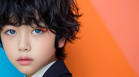 Close-up, Portrait of fashionable child model with fantasy makeup for cosmetics advertising, Generative AIの素材