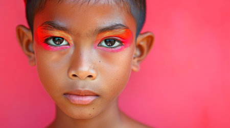 Close-up, Portrait of fashionable child model with fantasy makeup for cosmetics advertising, Generative AIの素材