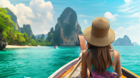 Close-up, Back view of woman tourist in a straw hat relaxing on the boat and looking forward into the sea, Generative AIの素材