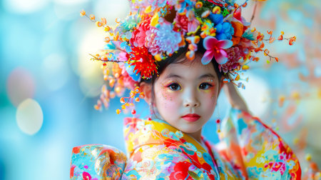 Close-up, Portrait of fashionable child model with fantasy makeup for cosmetics advertising, Generative AIの素材