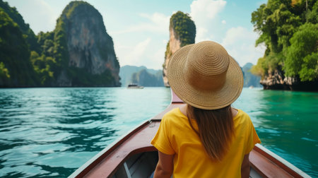 Close-up, Back view of woman tourist in a straw hat relaxing on the boat and looking forward into the sea, Generative AIの素材