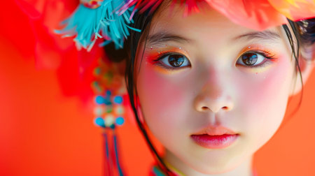 Close-up, Portrait of fashionable child model with fantasy makeup for cosmetics advertising, Generative AIの素材