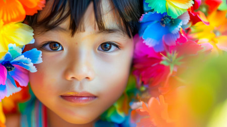 Close-up, Portrait of fashionable child model with fantasy makeup for cosmetics advertising, Generative AIの素材