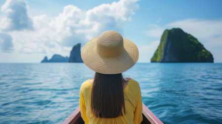 Close-up, Back view of woman tourist in a straw hat relaxing on the boat and looking forward into the sea, Generative AIの素材
