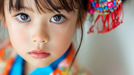 Close-up, Portrait of fashionable child model with fantasy makeup for cosmetics advertising, Generative AIの素材