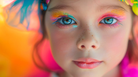 Close-up, Portrait of fashionable child model with fantasy makeup for cosmetics advertising, Generative AIの素材