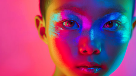 Close-up, Portrait of fashionable child model with fantasy makeup for cosmetics advertising, Generative AIの素材