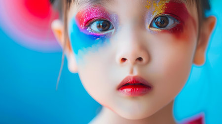 Close-up, Portrait of fashionable child model with fantasy makeup for cosmetics advertising, Generative AIの素材
