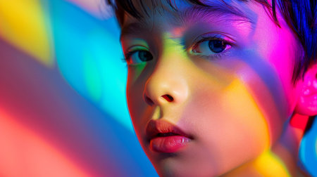 Close-up, Portrait of fashionable child model with fantasy makeup for cosmetics advertising, Generative AIの素材