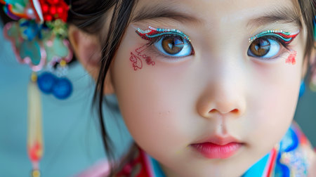 Close-up, Portrait of fashionable child model with fantasy makeup for cosmetics advertising, Generative AIの素材