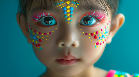 Close-up, Portrait of fashionable child model with fantasy makeup for cosmetics advertising, Generative AIの素材