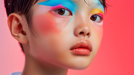 Close-up, Portrait of fashionable child model with fantasy makeup for cosmetics advertising, Generative AIの素材