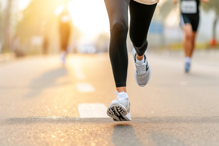 lose-up, Marathon running race people competing in fitness and healthy active lifestyle feet on road, Generative AIの素材