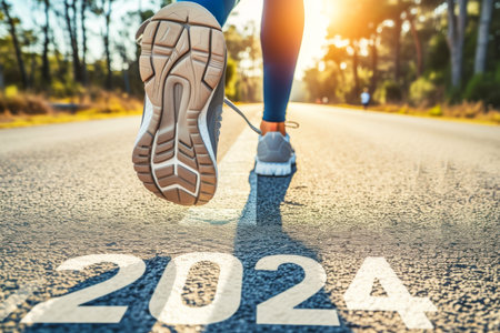 lose-up, Marathon running race people competing in fitness and healthy active lifestyle feet on road, Generative AIの素材