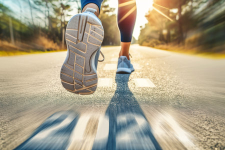 lose-up, Marathon running race people competing in fitness and healthy active lifestyle feet on road, Generative AIの素材