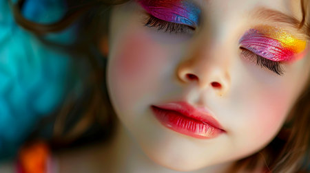 Close-up, Portrait of fashionable child model with fantasy makeup, Generative AIの素材