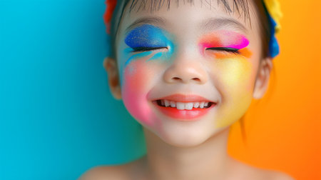 Close-up, Portrait of fashionable child model with fantasy makeup, Generative AIの素材