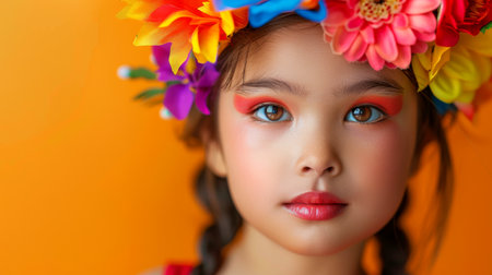 Close-up, Portrait of fashionable child model with fantasy makeup, Generative AIの素材