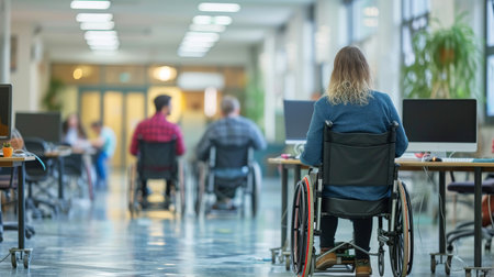 Close-up,Human in wheelchair working with inclusive in workplace, Generative AIの素材