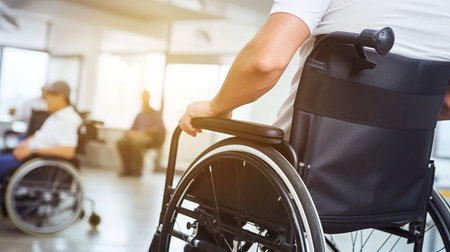 Close-up,Human in wheelchair working with inclusive in workplace, Generative AIの素材