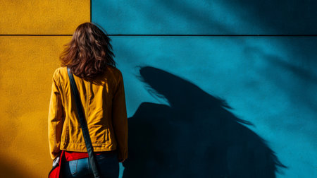 Close-up,Woman stands alone, looking at the wall or building from rear perspective, Generative AIの素材