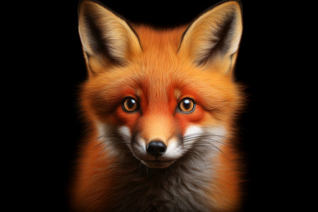 Close-up of brown fox face on black background, its piercing gaze and vibrant fur capturing the essence of wild beauty, Generative AIの素材